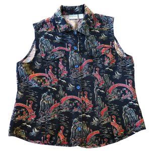 Chicos Vintage Asian Inspired Art To Wear Sleeveless Vest Shirt Black Red Pocket